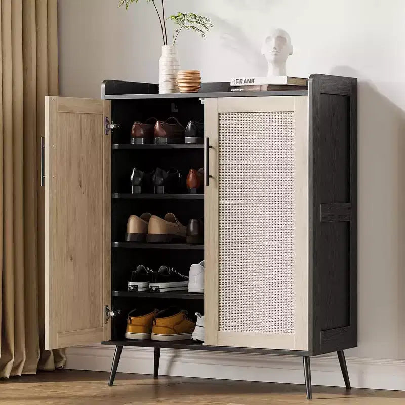 Acekool 6-Tier Rattan Shoe Cabinet - Adjustable Shelf Organizer with Doors for Entryway, Hallway & Closet, Natural Weave