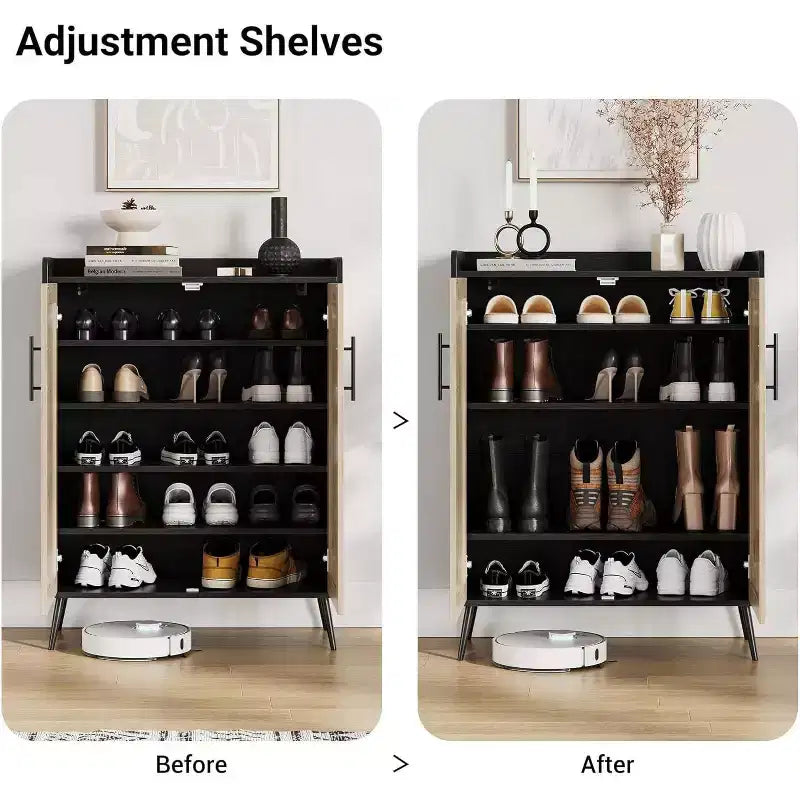 Étagère à chaussures en rotin à 6 niveaux - Organiseur d'étagères réglables avec portes pour entrée, couloir et placard, tissage naturel