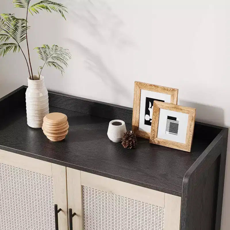 Étagère à chaussures en rotin à 6 niveaux - Organiseur d'étagères réglables avec portes pour entrée, couloir et placard, tissage naturel