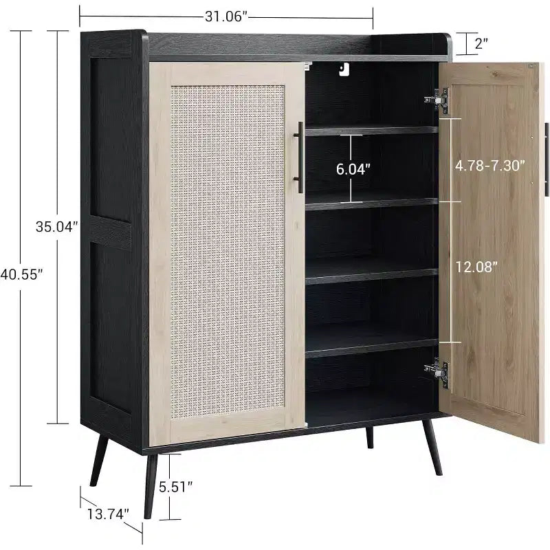 Étagère à chaussures en rotin à 6 niveaux - Organiseur d'étagères réglables avec portes pour entrée, couloir et placard, tissage naturel