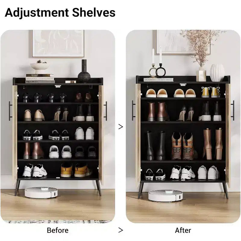 Étagère à chaussures en rotin à 6 niveaux - Organiseur d'étagères réglables avec portes pour entrée, couloir et placard, tissage naturel