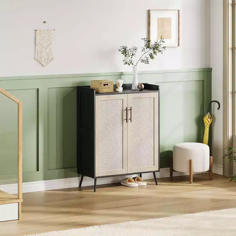 Étagère à chaussures en rotin à 6 niveaux - Organiseur d'étagères réglables avec portes pour entrée, couloir et placard, tissage naturel