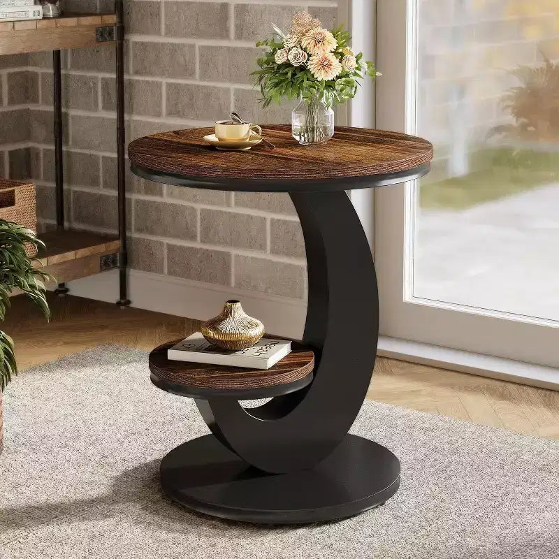 Table d'appoint ronde, Table de bout à 2 étages, Table de nuit en bois avec cadre métallique en forme d'arc pour petits espaces, salon, chambre à coucher