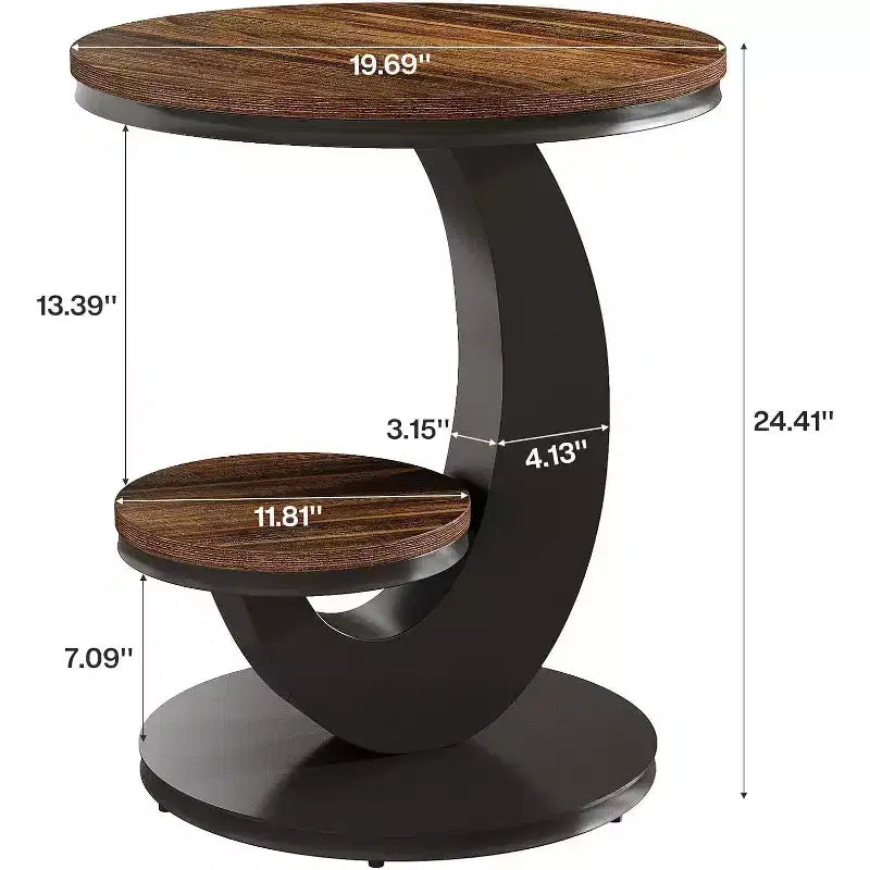 Table d'appoint ronde, Table de bout à 2 étages, Table de nuit en bois avec cadre métallique en forme d'arc pour petits espaces, salon, chambre à coucher