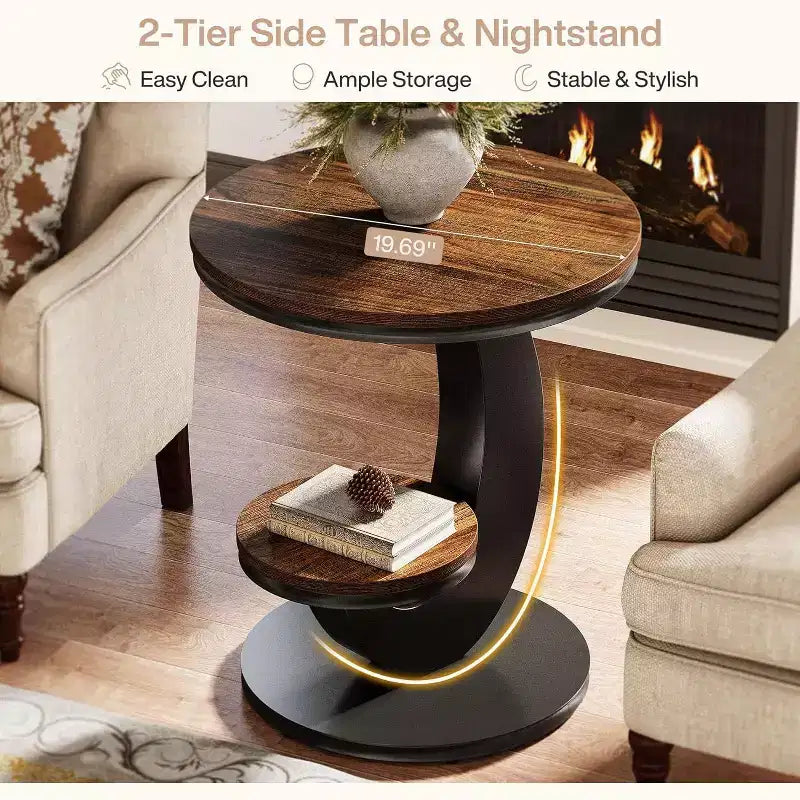 Table d'appoint ronde, Table de bout à 2 étages, Table de nuit en bois avec cadre métallique en forme d'arc pour petits espaces, salon, chambre à coucher