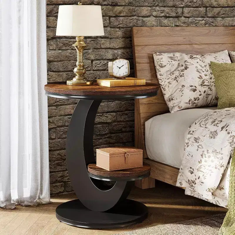 Table d'appoint ronde, Table de bout à 2 étages, Table de nuit en bois avec cadre métallique en forme d'arc pour petits espaces, salon, chambre à coucher