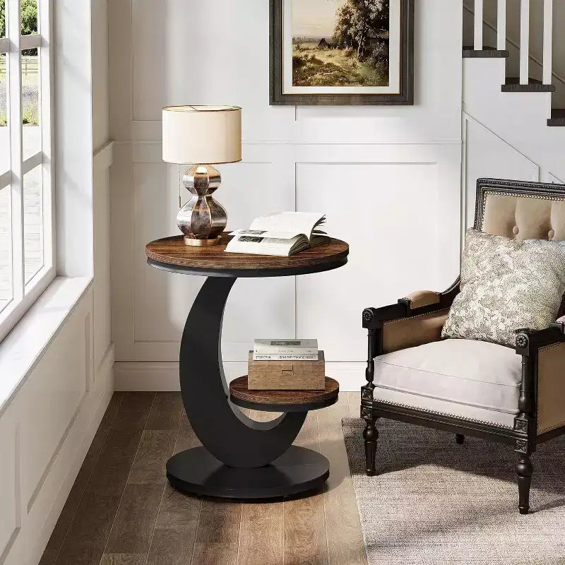 Table d'appoint ronde, Table de bout à 2 étages, Table de nuit en bois avec cadre métallique en forme d'arc pour petits espaces, salon, chambre à coucher