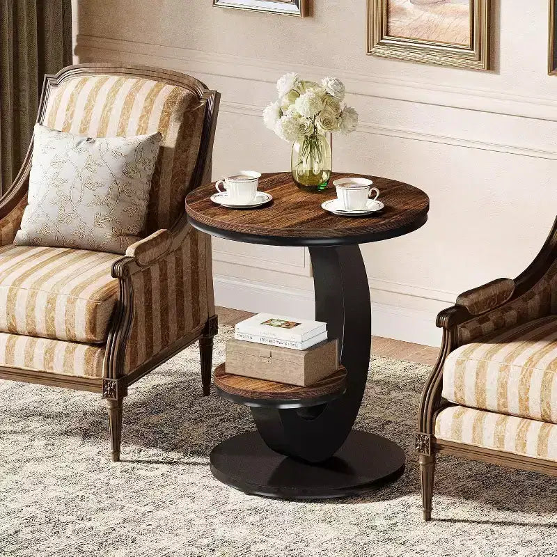Table d'appoint ronde, Table de bout à 2 étages, Table de nuit en bois avec cadre métallique en forme d'arc pour petits espaces, salon, chambre à coucher