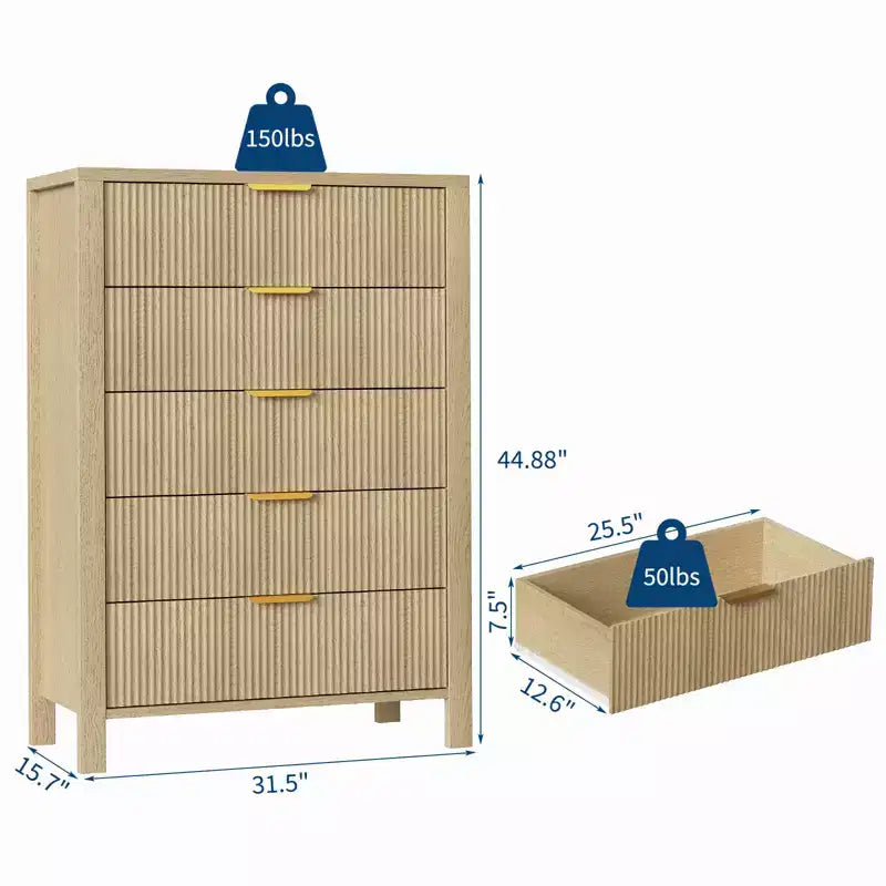 Commode de chambre, commode à 5 tiroirs cannelés, commode moderne haute de 45", commode de style ferme moderne, organiseur de tiroirs en bois pour couloir