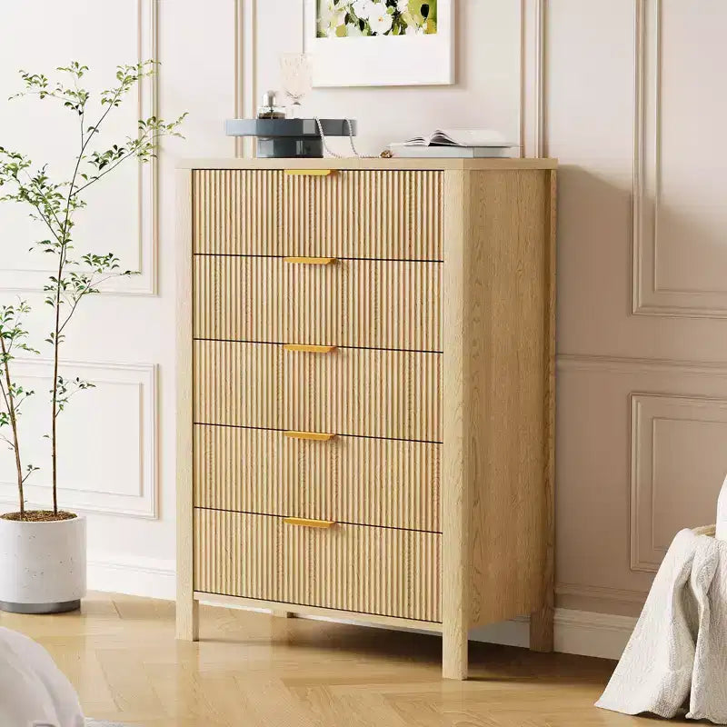 Commode de chambre, commode à 5 tiroirs cannelés, commode moderne haute de 45", commode de style ferme moderne, organiseur de tiroirs en bois pour couloir