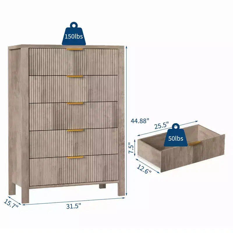 Commode de chambre, commode à 5 tiroirs cannelés, commode moderne haute de 45", commode de style ferme moderne, organiseur de tiroirs en bois pour couloir