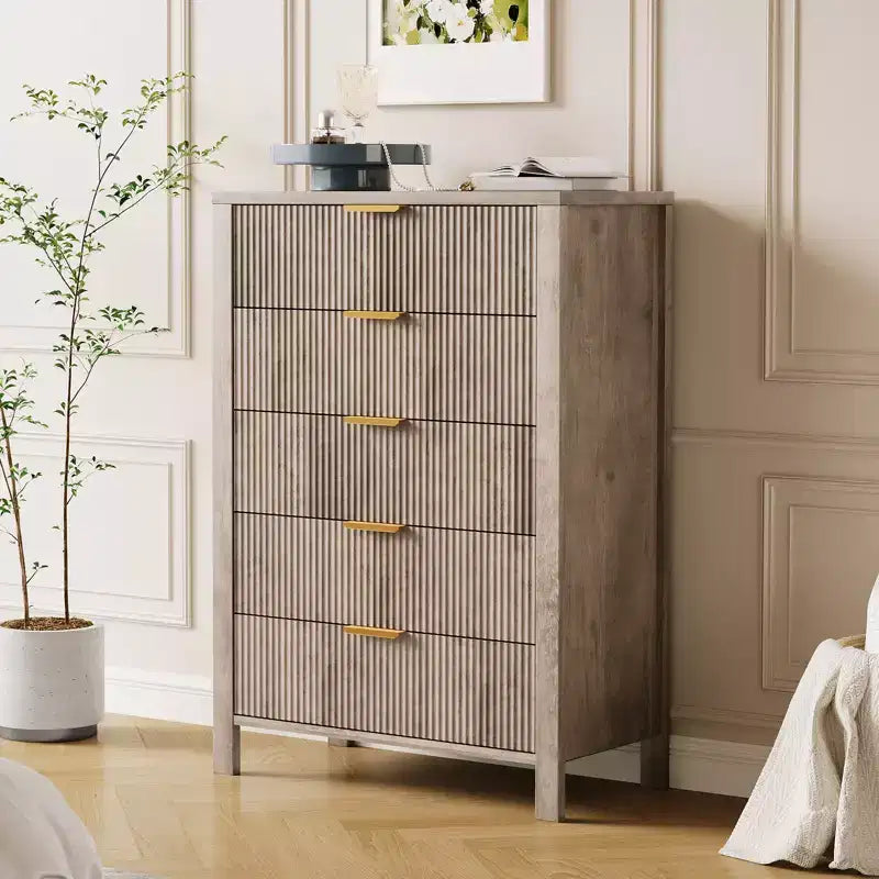 Commode de chambre, commode à 5 tiroirs cannelés, commode moderne haute de 45", commode de style ferme moderne, organiseur de tiroirs en bois pour couloir
