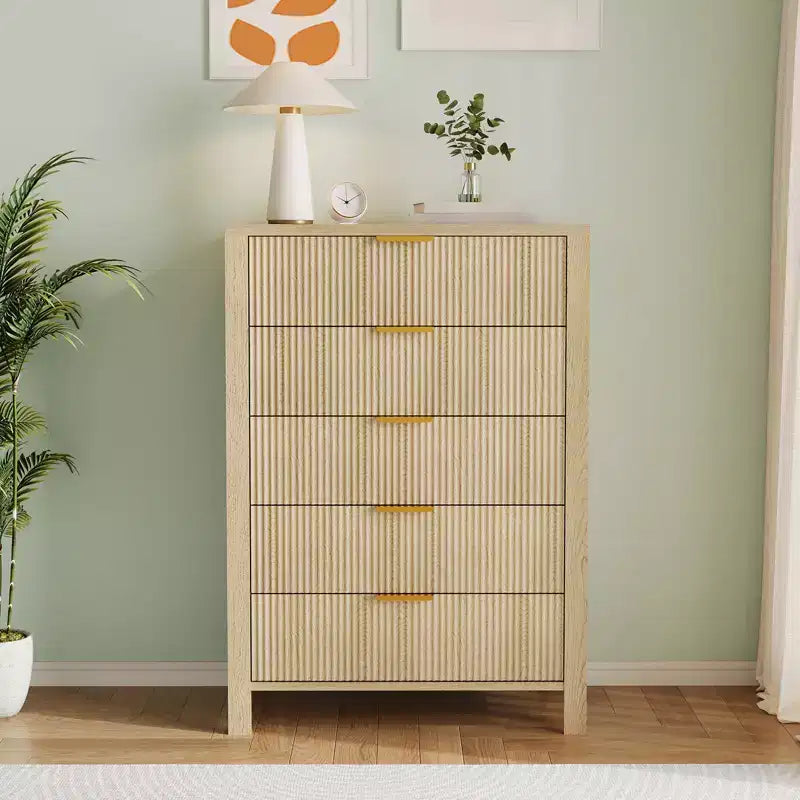 Commode de chambre, commode à 5 tiroirs cannelés, commode moderne haute de 45", commode de style ferme moderne, organiseur de tiroirs en bois pour couloir