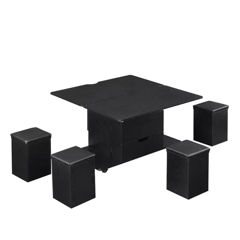 Table basse relevable multifonctionnelle et moderne avec rangement dissimulé, 4 tabourets et roulettes, parfaite pour les espaces de vie modernes.