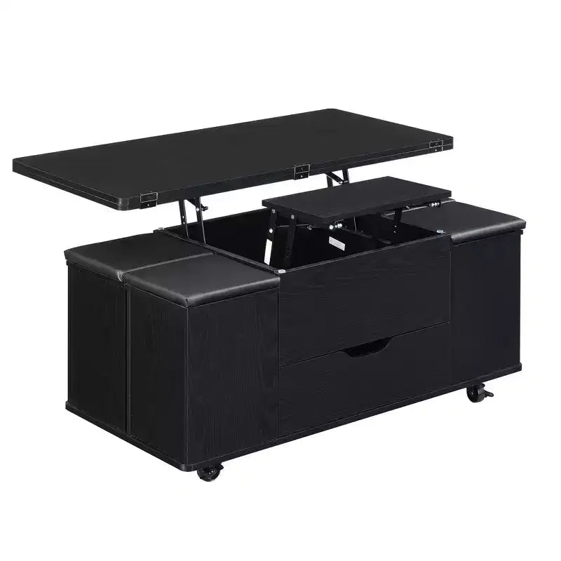 Table basse relevable multifonctionnelle et moderne avec rangement dissimulé, 4 tabourets et roulettes, parfaite pour les espaces de vie modernes.
