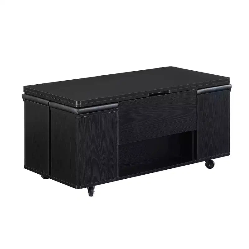 Table basse relevable multifonctionnelle et moderne avec rangement dissimulé, 4 tabourets et roulettes, parfaite pour les espaces de vie modernes.