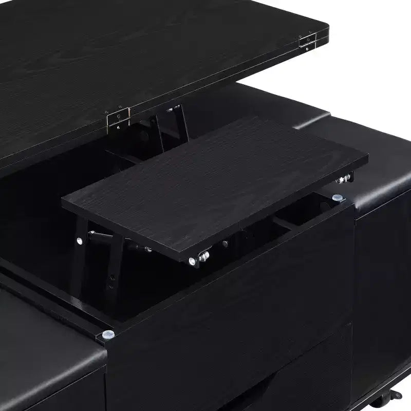 Table basse relevable multifonctionnelle et moderne avec rangement dissimulé, 4 tabourets et roulettes, parfaite pour les espaces de vie modernes.