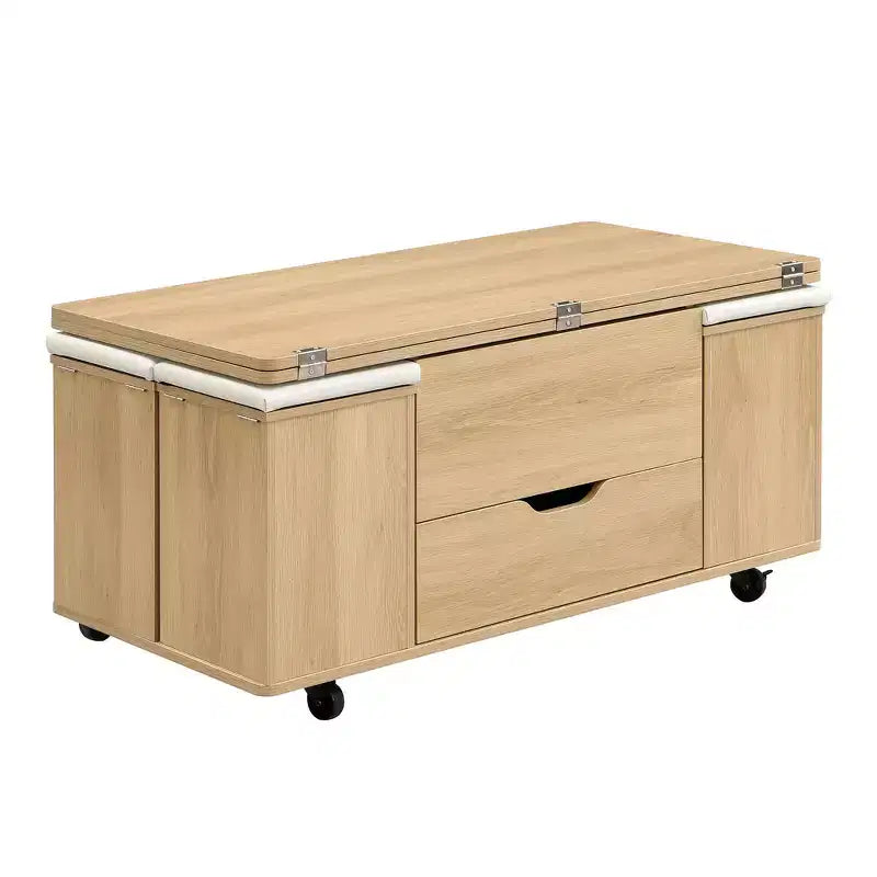 Table basse relevable multifonctionnelle et moderne avec rangement dissimulé, 4 tabourets et roulettes, parfaite pour les espaces de vie modernes.