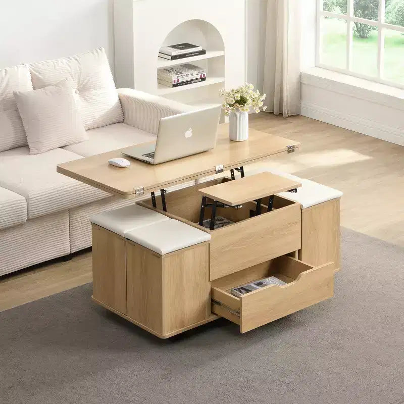 Table basse relevable multifonctionnelle et moderne avec rangement dissimulé, 4 tabourets et roulettes, parfaite pour les espaces de vie modernes.