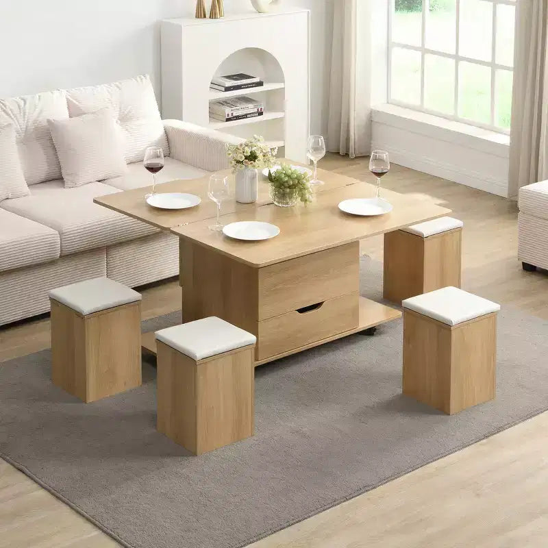 Table basse relevable multifonctionnelle et moderne avec rangement dissimulé, 4 tabourets et roulettes, parfaite pour les espaces de vie modernes.