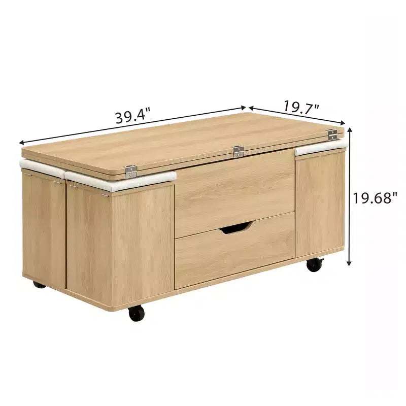 Table basse relevable multifonctionnelle et moderne avec rangement dissimulé, 4 tabourets et roulettes, parfaite pour les espaces de vie modernes.