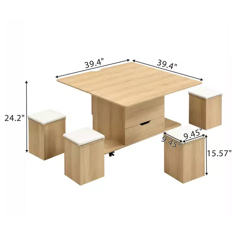 Table basse relevable multifonctionnelle et moderne avec rangement dissimulé, 4 tabourets et roulettes, parfaite pour les espaces de vie modernes.