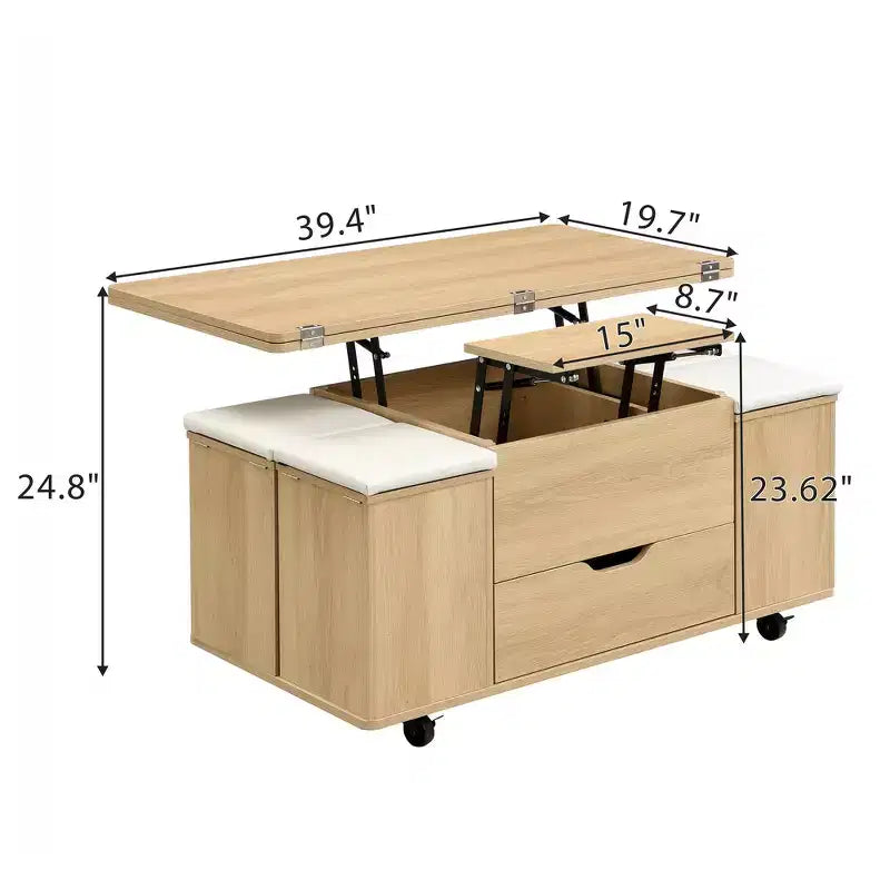 Table basse relevable multifonctionnelle et moderne avec rangement dissimulé, 4 tabourets et roulettes, parfaite pour les espaces de vie modernes.