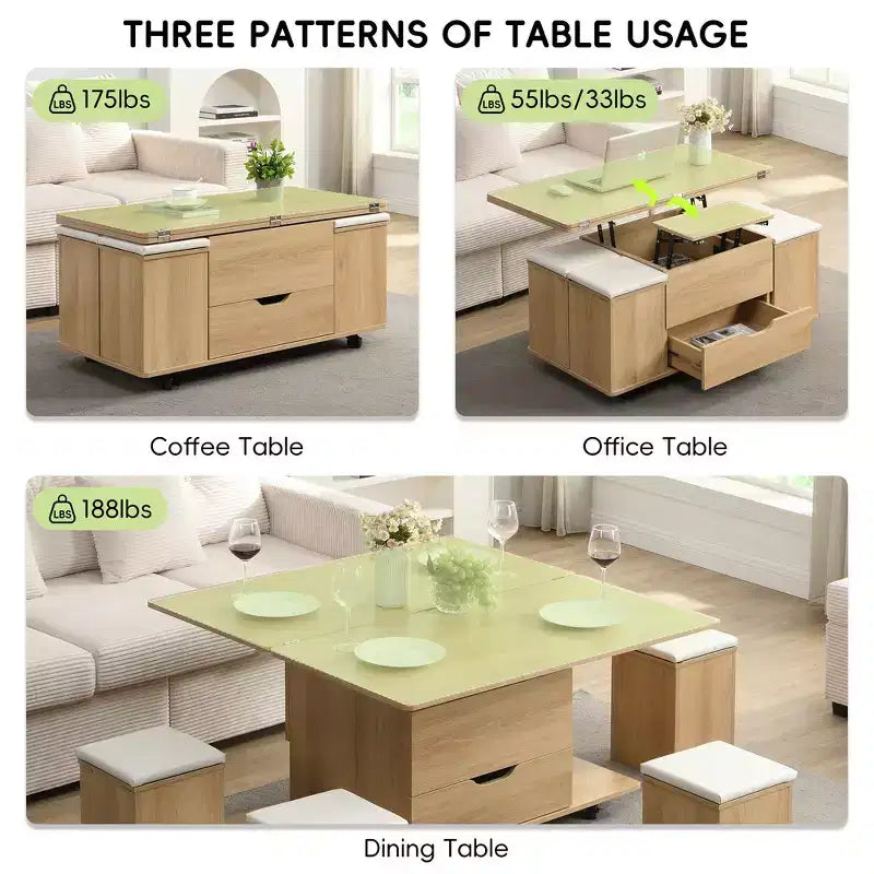 Table basse relevable multifonctionnelle et moderne avec rangement dissimulé, 4 tabourets et roulettes, parfaite pour les espaces de vie modernes.