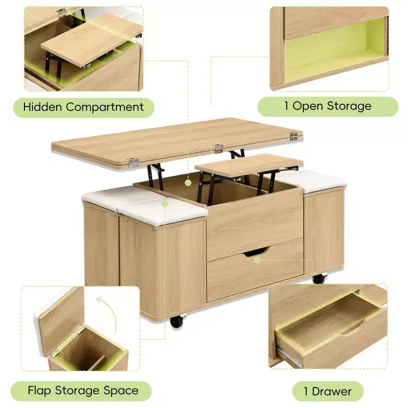 Table basse relevable multifonctionnelle et moderne avec rangement dissimulé, 4 tabourets et roulettes, parfaite pour les espaces de vie modernes.
