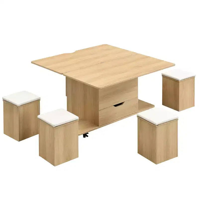 Table basse relevable multifonctionnelle et moderne avec rangement dissimulé, 4 tabourets et roulettes, parfaite pour les espaces de vie modernes.