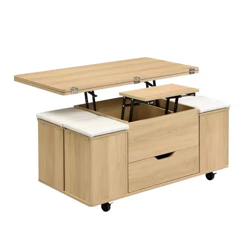 Table basse relevable multifonctionnelle et moderne avec rangement dissimulé, 4 tabourets et roulettes, parfaite pour les espaces de vie modernes.