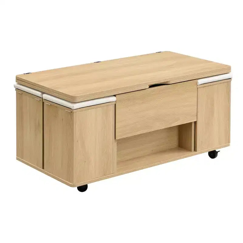 Table basse relevable multifonctionnelle et moderne avec rangement dissimulé, 4 tabourets et roulettes, parfaite pour les espaces de vie modernes.