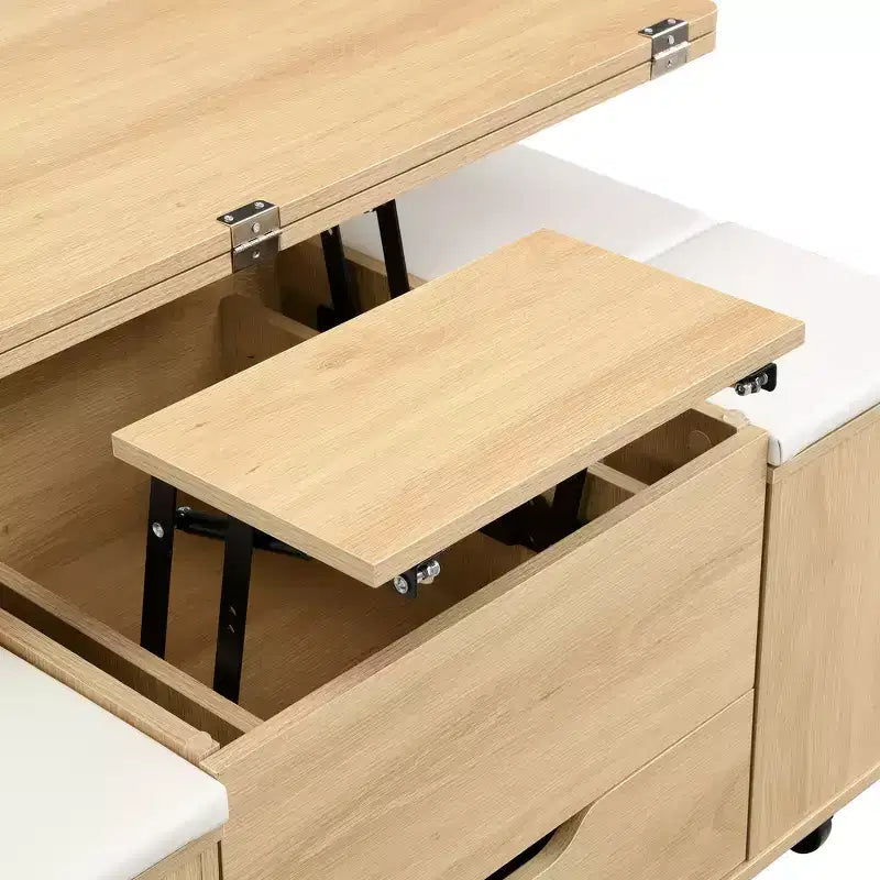 Table basse relevable multifonctionnelle et moderne avec rangement dissimulé, 4 tabourets et roulettes, parfaite pour les espaces de vie modernes.