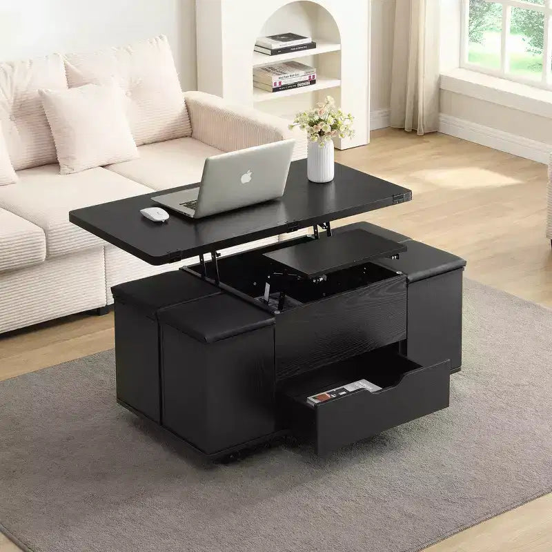 Table basse relevable multifonctionnelle et moderne avec rangement dissimulé, 4 tabourets et roulettes, parfaite pour les espaces de vie modernes.