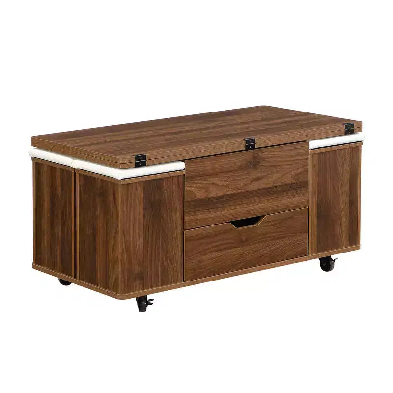 Table basse relevable multifonctionnelle et moderne avec rangement dissimulé, 4 tabourets et roulettes, parfaite pour les espaces de vie modernes.