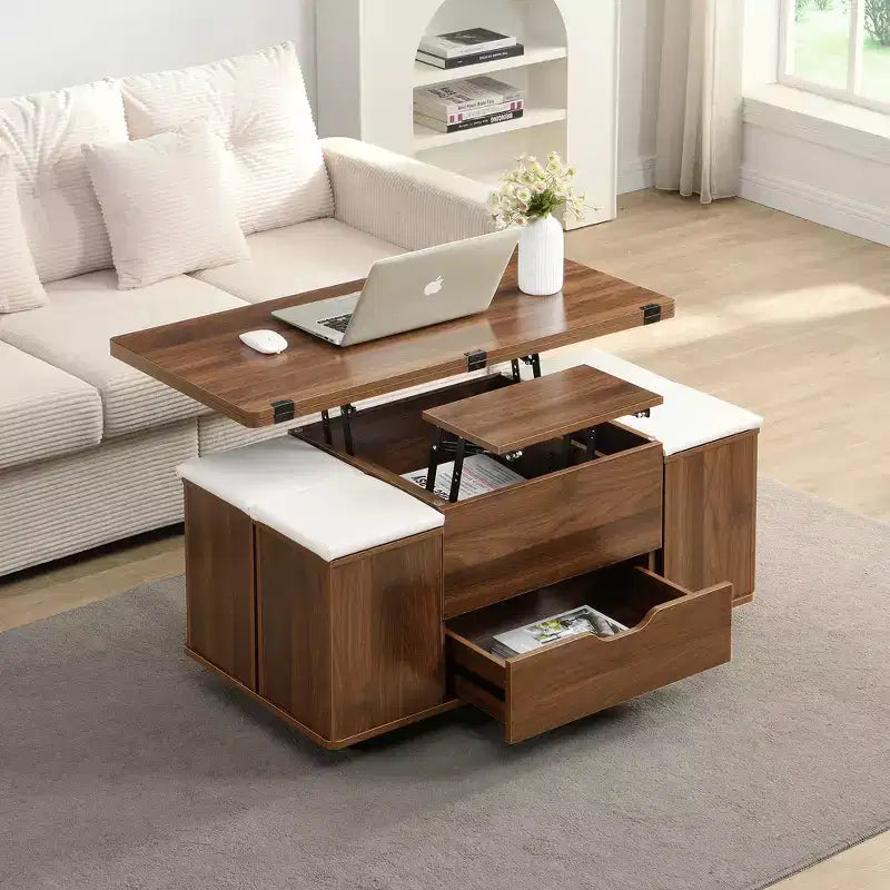 Table basse relevable multifonctionnelle et moderne avec rangement dissimulé, 4 tabourets et roulettes, parfaite pour les espaces de vie modernes.