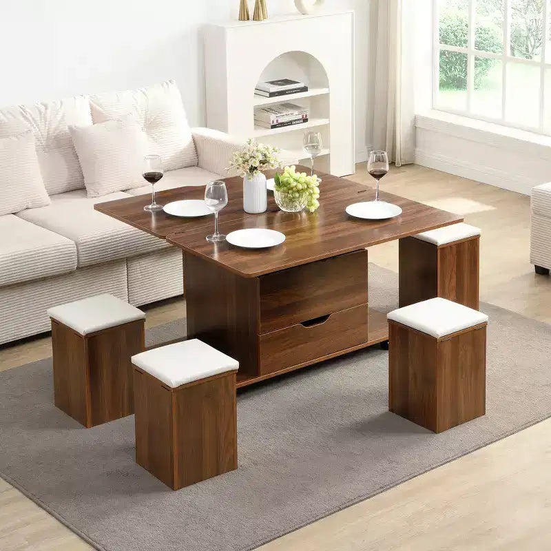 Table basse relevable multifonctionnelle et moderne avec rangement dissimulé, 4 tabourets et roulettes, parfaite pour les espaces de vie modernes.