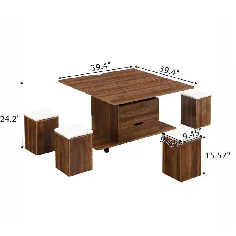 Table basse relevable multifonctionnelle et moderne avec rangement dissimulé, 4 tabourets et roulettes, parfaite pour les espaces de vie modernes.
