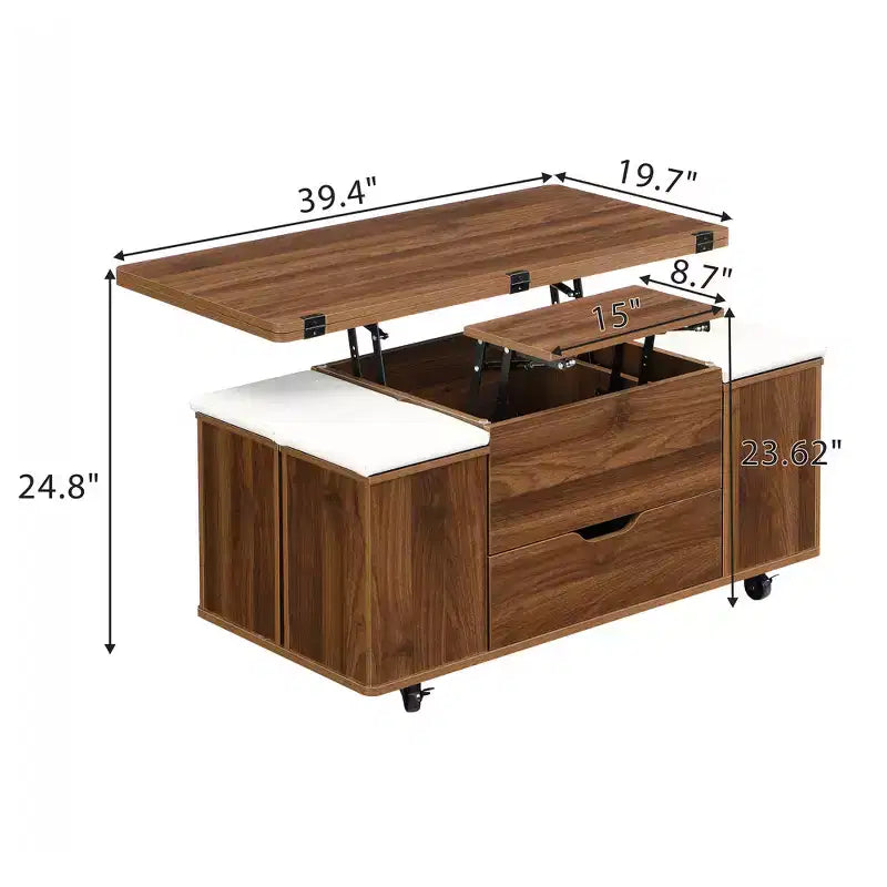 Table basse relevable multifonctionnelle et moderne avec rangement dissimulé, 4 tabourets et roulettes, parfaite pour les espaces de vie modernes.