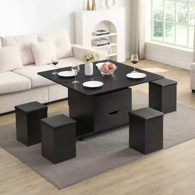 Table basse relevable multifonctionnelle et moderne avec rangement dissimulé, 4 tabourets et roulettes, parfaite pour les espaces de vie modernes.