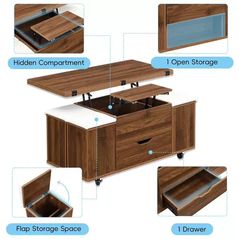 Table basse relevable multifonctionnelle et moderne avec rangement dissimulé, 4 tabourets et roulettes, parfaite pour les espaces de vie modernes.