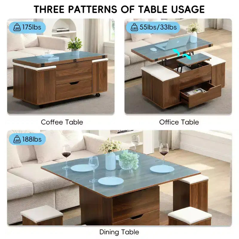 Table basse relevable multifonctionnelle et moderne avec rangement dissimulé, 4 tabourets et roulettes, parfaite pour les espaces de vie modernes.