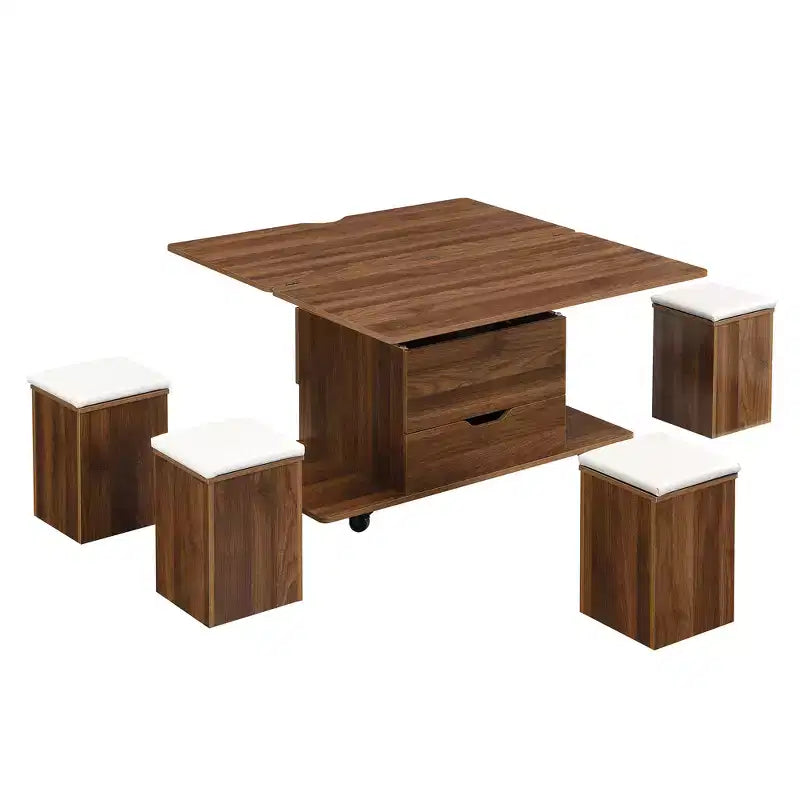 Table basse relevable multifonctionnelle et moderne avec rangement dissimulé, 4 tabourets et roulettes, parfaite pour les espaces de vie modernes.