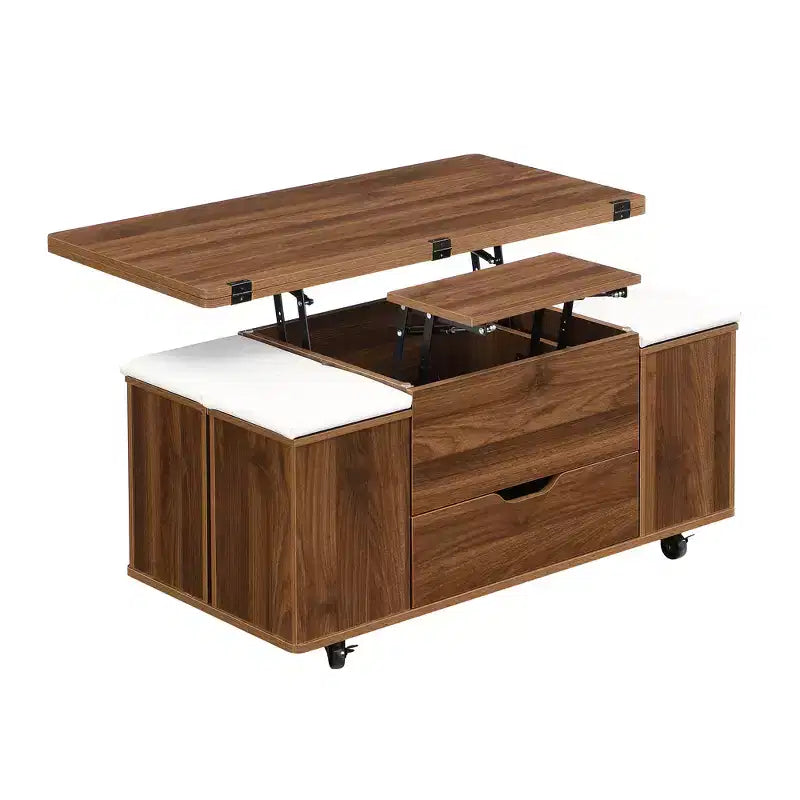 Table basse relevable multifonctionnelle et moderne avec rangement dissimulé, 4 tabourets et roulettes, parfaite pour les espaces de vie modernes.