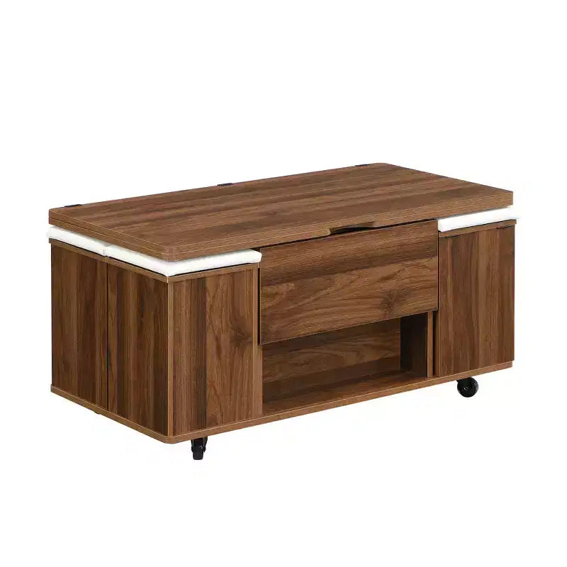 Table basse relevable multifonctionnelle et moderne avec rangement dissimulé, 4 tabourets et roulettes, parfaite pour les espaces de vie modernes.