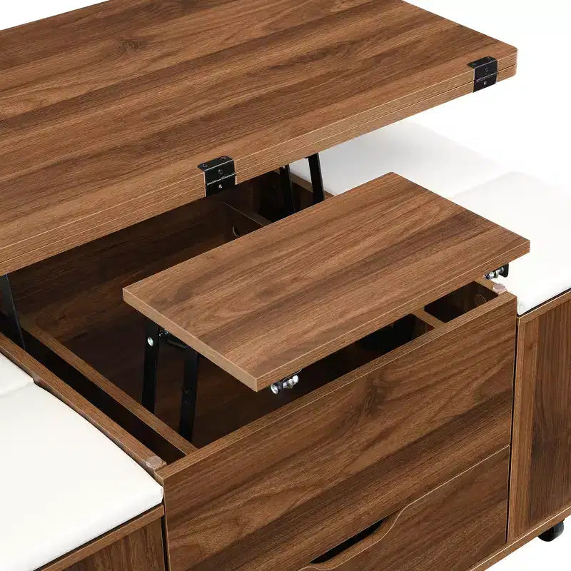 Table basse relevable multifonctionnelle et moderne avec rangement dissimulé, 4 tabourets et roulettes, parfaite pour les espaces de vie modernes.
