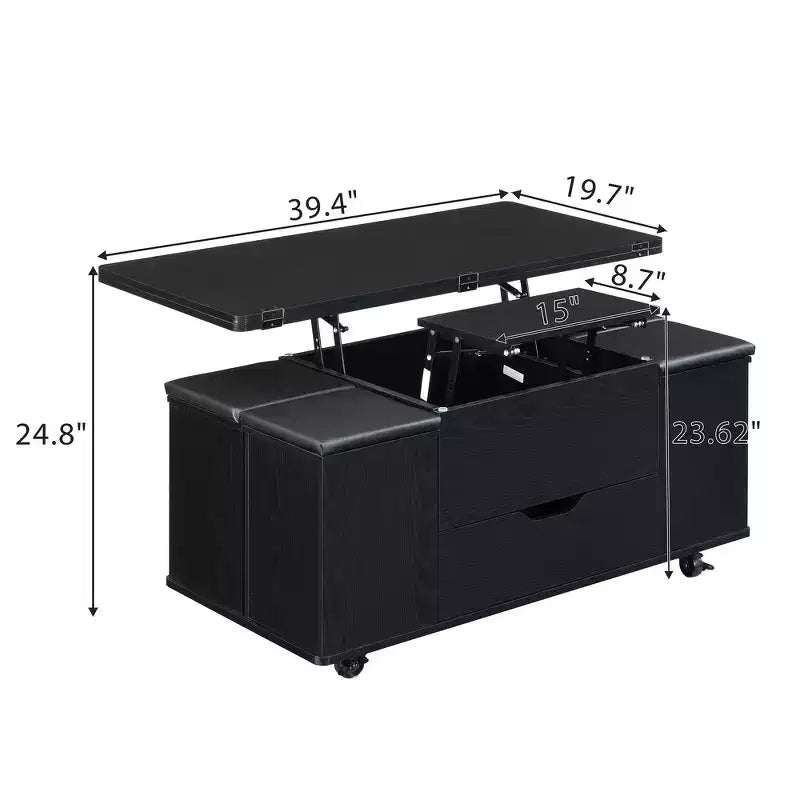 Table basse relevable multifonctionnelle et moderne avec rangement dissimulé, 4 tabourets et roulettes, parfaite pour les espaces de vie modernes.