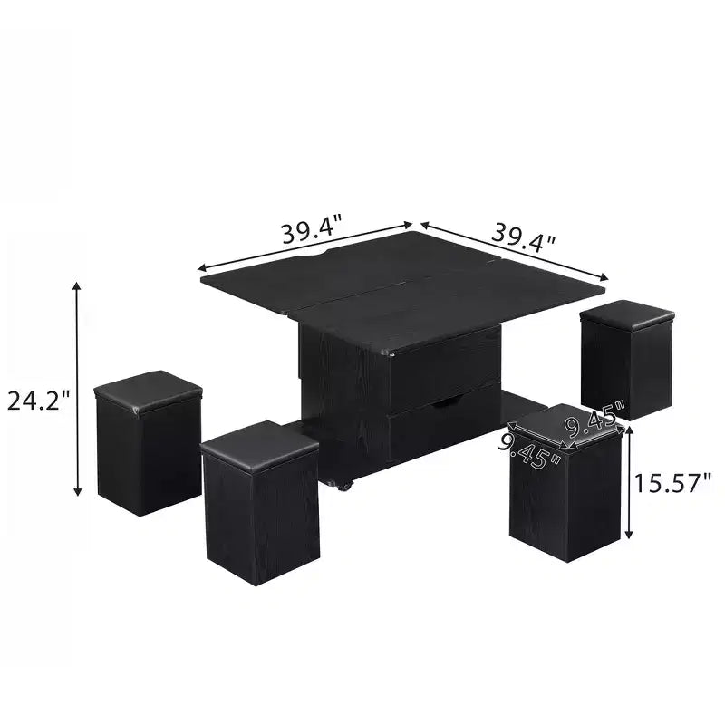 Table basse relevable multifonctionnelle et moderne avec rangement dissimulé, 4 tabourets et roulettes, parfaite pour les espaces de vie modernes.