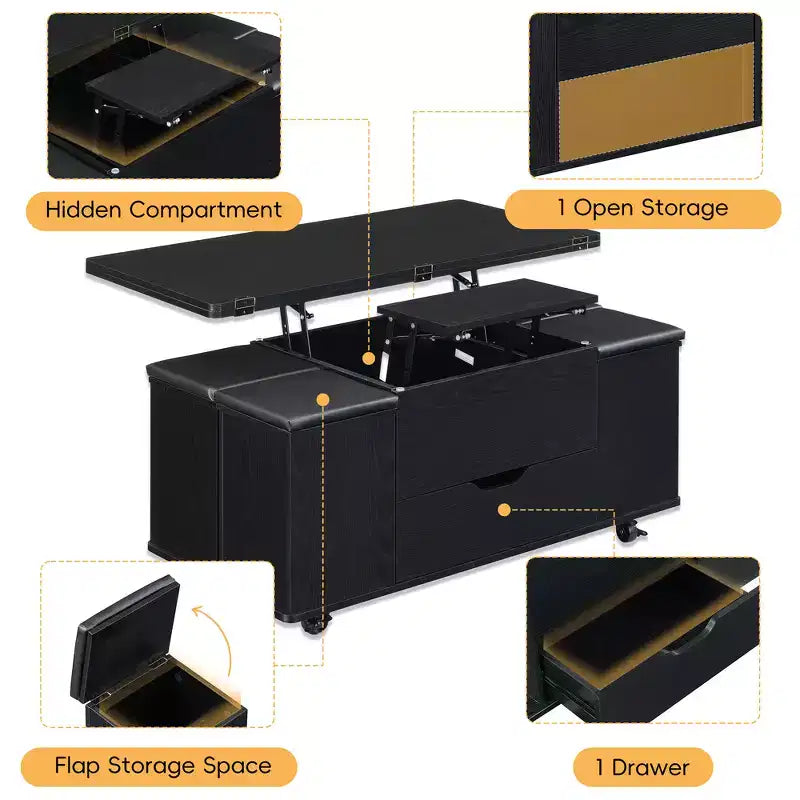 Table basse relevable multifonctionnelle et moderne avec rangement dissimulé, 4 tabourets et roulettes, parfaite pour les espaces de vie modernes.