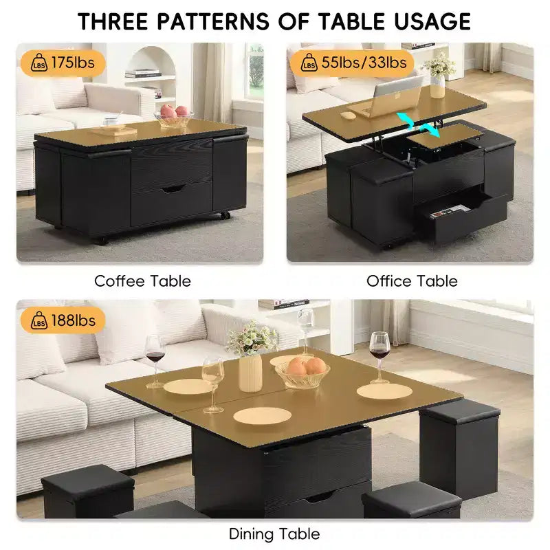 Table basse relevable multifonctionnelle et moderne avec rangement dissimulé, 4 tabourets et roulettes, parfaite pour les espaces de vie modernes.